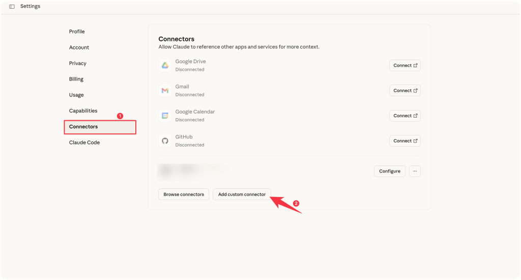 The settings interface for adding connectors in Claude, showcasing options like Google Drive, Gmail, Google Calendar, and GitHub, with an option to add a custom connector highlighted.