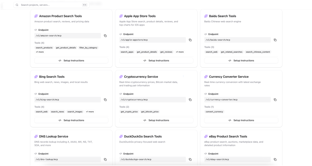 Grid of various search tools with corresponding endpoints and setup instructions, including Amazon Product Search, Apple App Store, Bing Search, and more.