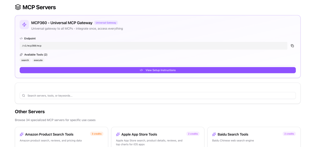 The MCP360 Universal MCP Gateway interface showing the endpoint, available tools, and options to view setup instructions.