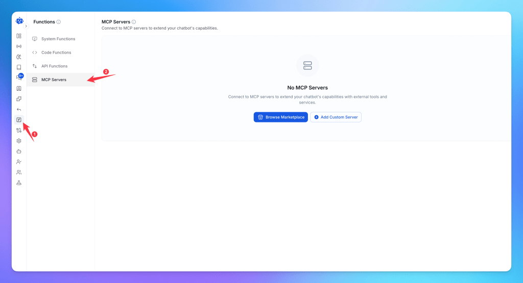 User interface screenshot of a platform showing the Functions menu, highlighting the 'MCP Servers' option where users can connect to MCP servers to extend chatbot capabilities.