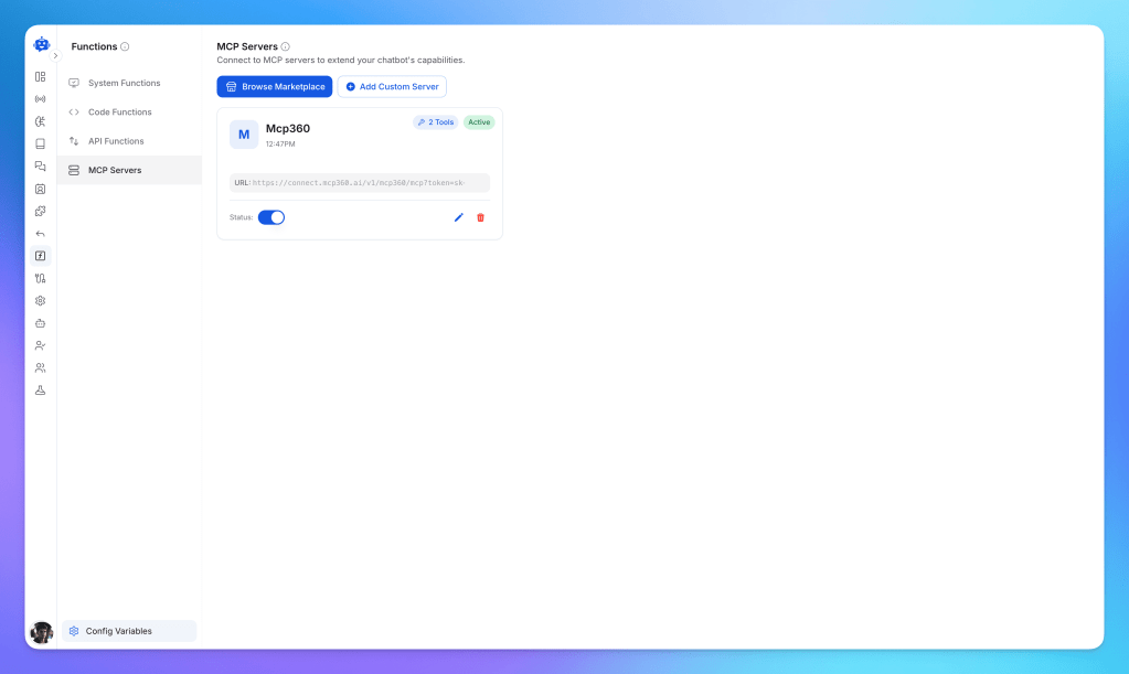 Screenshot of the MCP Servers section in a dashboard, featuring an active MCP360 server with a URL and status toggle.
