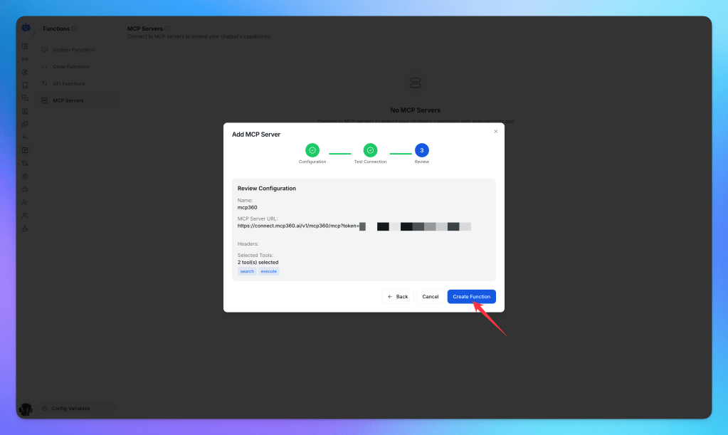 Interface for adding an MCP server integration in a software application, showing configuration details, including server URL and selected tools.