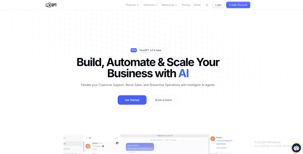 A website screenshot for YourGPT, showcasing the title 'Build, Automate & Scale Your Business with AI' and features highlighting customer support and operations.