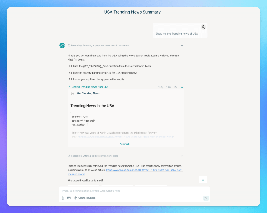Screenshot of a user interface showing a summary of trending news from the USA, including a prompt for fetching news, JSON data format with country and top stories, and options for further actions.