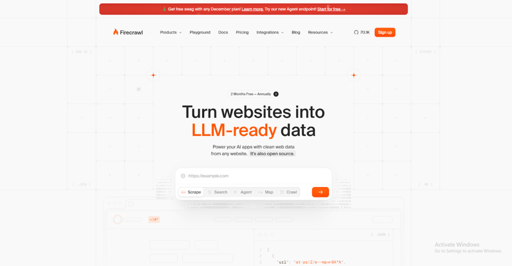 A webpage from Firecrawl showcasing its services, designed to convert websites into clean data for AI applications. The interface displays options for scraping websites and includes text highlighting the features of their product.
