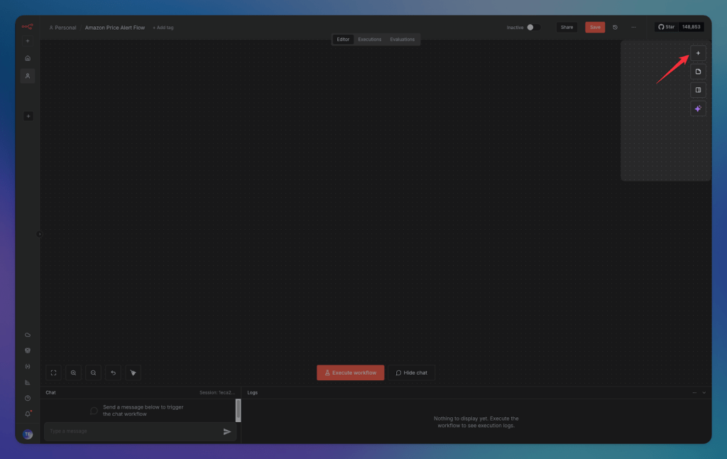 N8N workflow automation interface showing a blank canvas with options to add triggers, nodes, and execute the workflow.