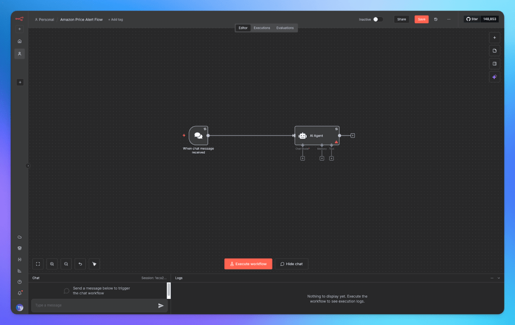 A screenshot of the N8N workflow automation platform, displaying the interface with a workflow labeled 'Amazon Price Alert Flow' and an active node for an 'AI Agent'. The workflow is designed to trigger when a chat message is received.