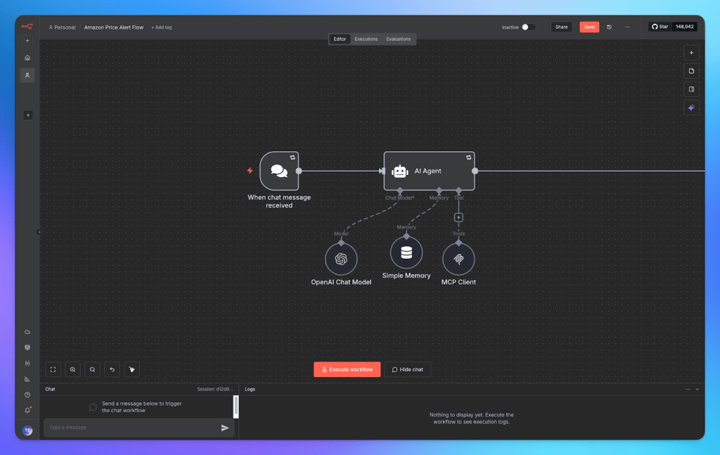 Screenshot of a workflow automation interface featuring nodes for chat message triggers, an AI agent, memory, and tools. The layout includes settings for executing the workflow and a chat input section.