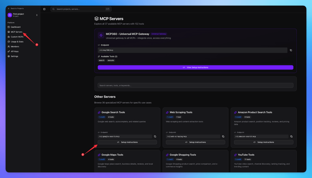 Screenshot of the MCP360 dashboard, displaying the 'MCP Servers' page with options for accessing various business tools and their setup instructions.