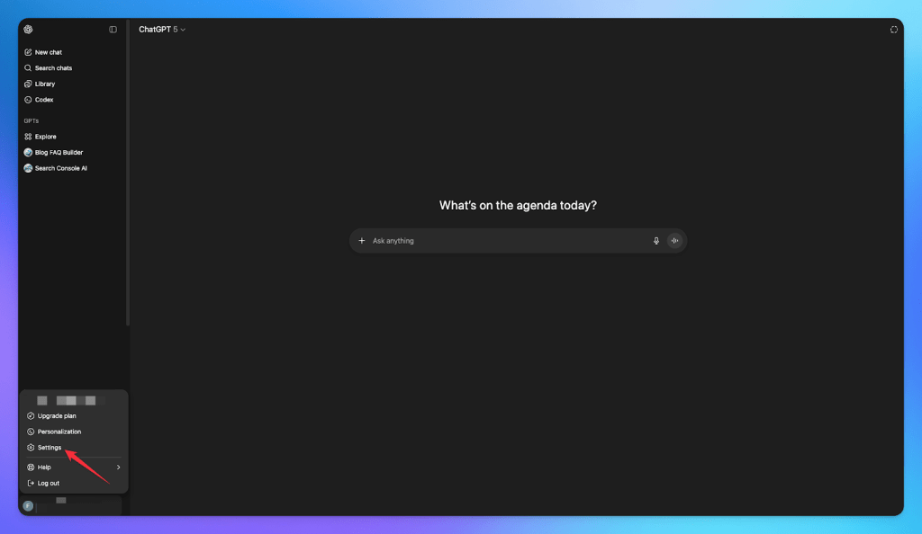 Screenshot of the ChatGPT interface showing a text input area labeled 'What's on the agenda today?' with a sidebar menu including various options like 'New chat', 'Settings', and 'Log out'. The background is dark with a gradient blue to purple transition.