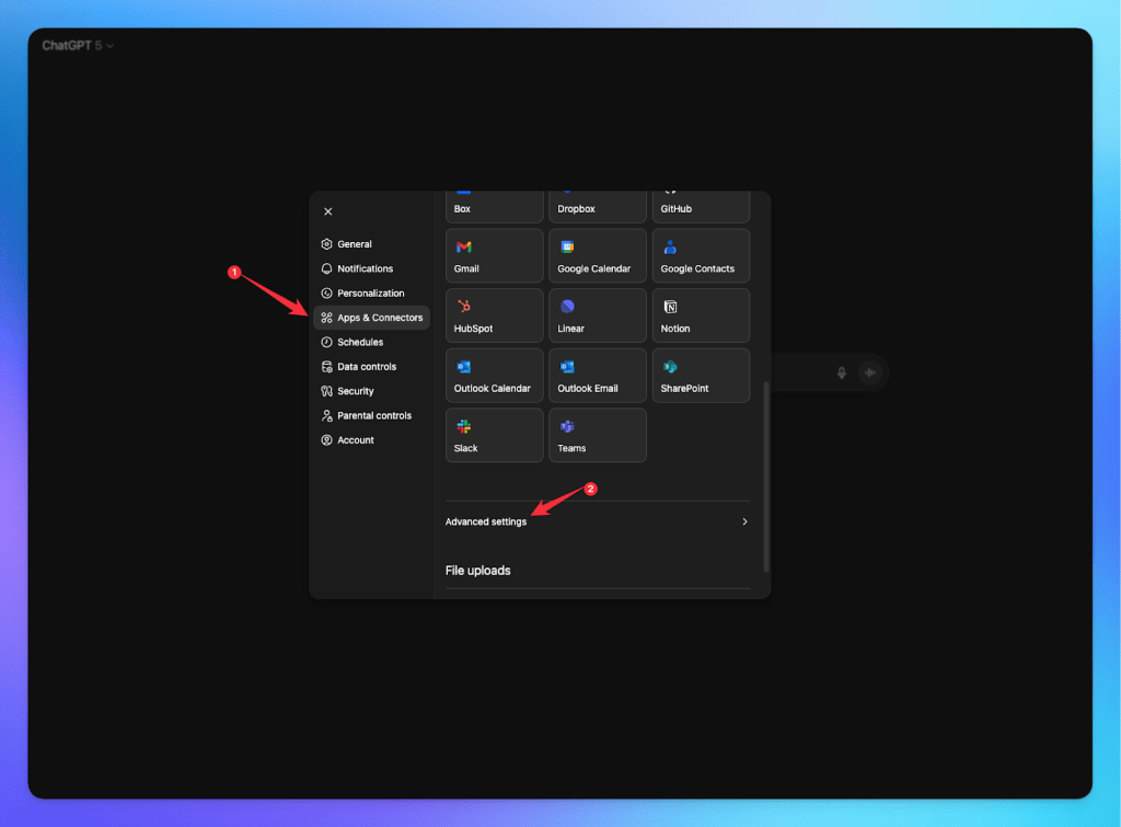 A screenshot of the ChatGPT interface showing the navigation menu, with arrows pointing to the 'Apps & Connectors' and 'Advanced settings' options under the Personalization section.