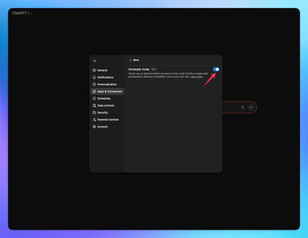 Screenshot showing the ChatGPT settings menu with the Developer Mode option highlighted.