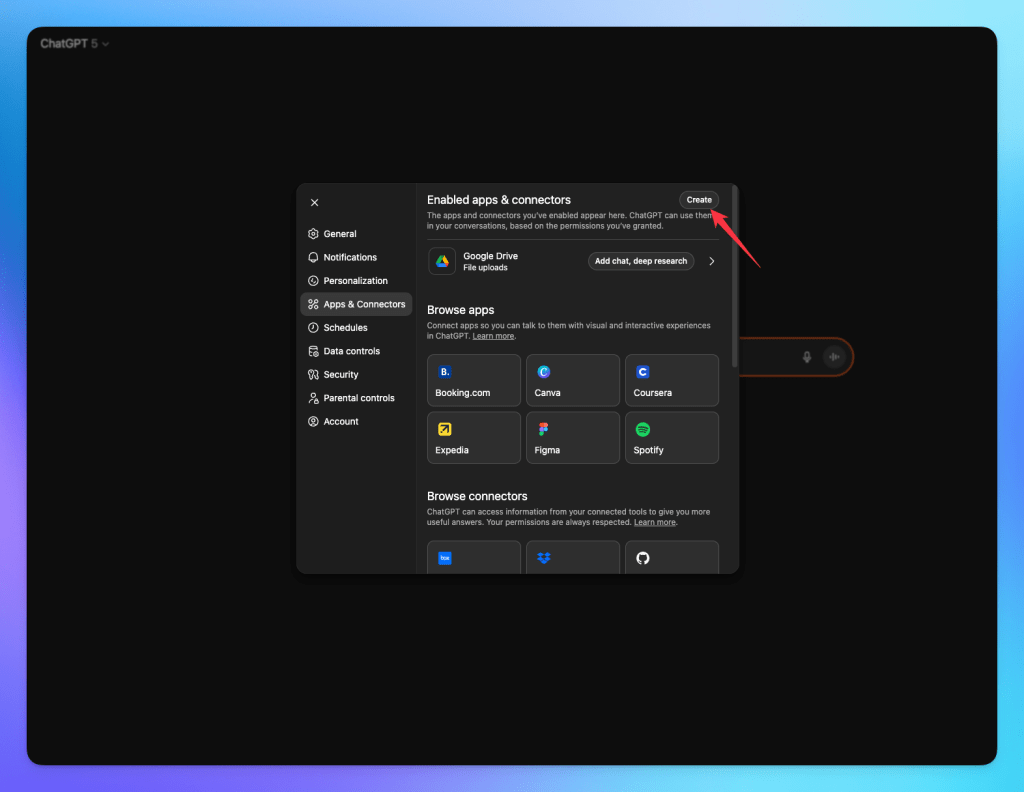Screenshot of the ChatGPT interface showing the 'Apps & Connectors' section, where users can enable and manage integrations with various applications.