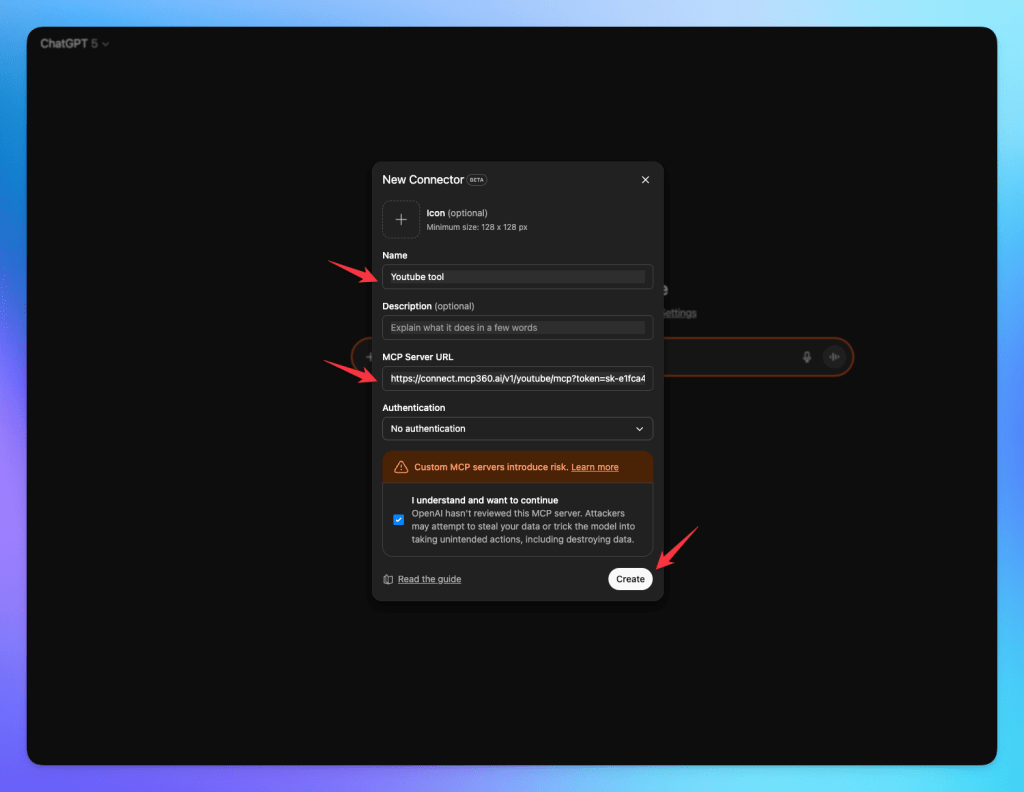 A user interface for creating a new connector in ChatGPT, showing fields for name, description, MCP server URL, and authentication options, with highlighted areas indicating input sections.