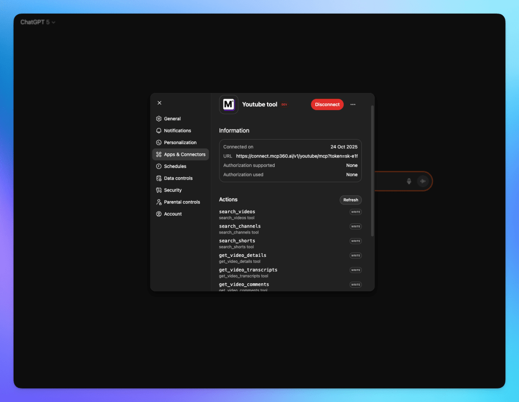 Screenshot of the ChatGPT interface displaying the YouTube tool integration settings, showing connection details, actions available, and UI elements related to managing apps and connectors.