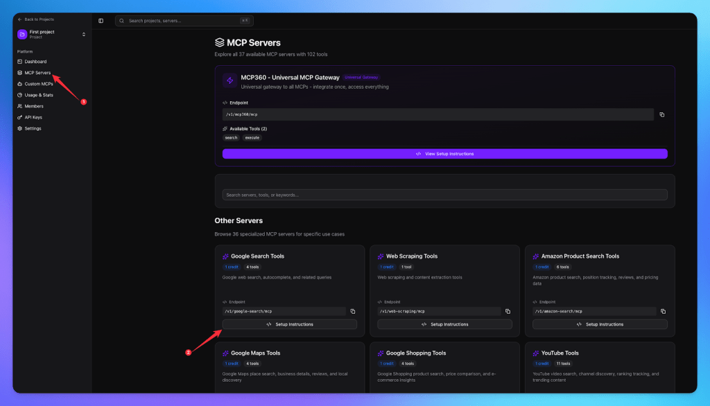 Screenshot of the MCP360 dashboard displaying available MCP servers and their tools. It highlights the main MCP gateway and shows options for Google Search Tools and Google Maps Tools.