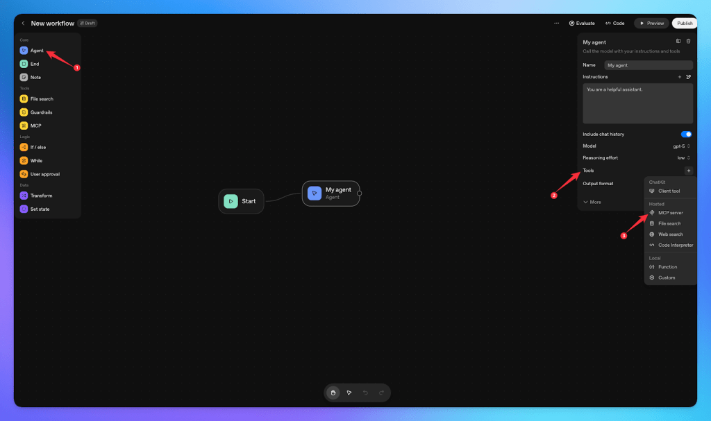 A visual representation of the OpenAI Agent Builder interface, featuring a workflow canvas with options for adding agents, tools, and logic components.