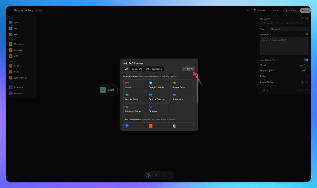 A visual representation of the OpenAI Agent Builder interface showing options to add an MCP server, with various tool integrations like Gmail, Google Drive, and Outlook Email.