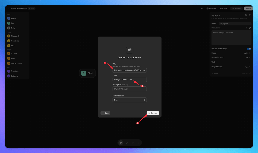 User interface for connecting MCP server in OpenAI's Agent Builder, displaying input fields for URL, label, description, and authentication options.