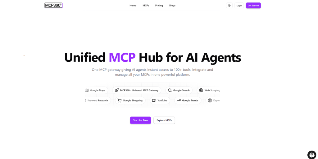 Screenshot of the MCP360 website showcasing the unified MCP hub for AI agents, highlighting instant access to over 100 tools including Google Maps, Keyword Research, Google Shopping, and more.