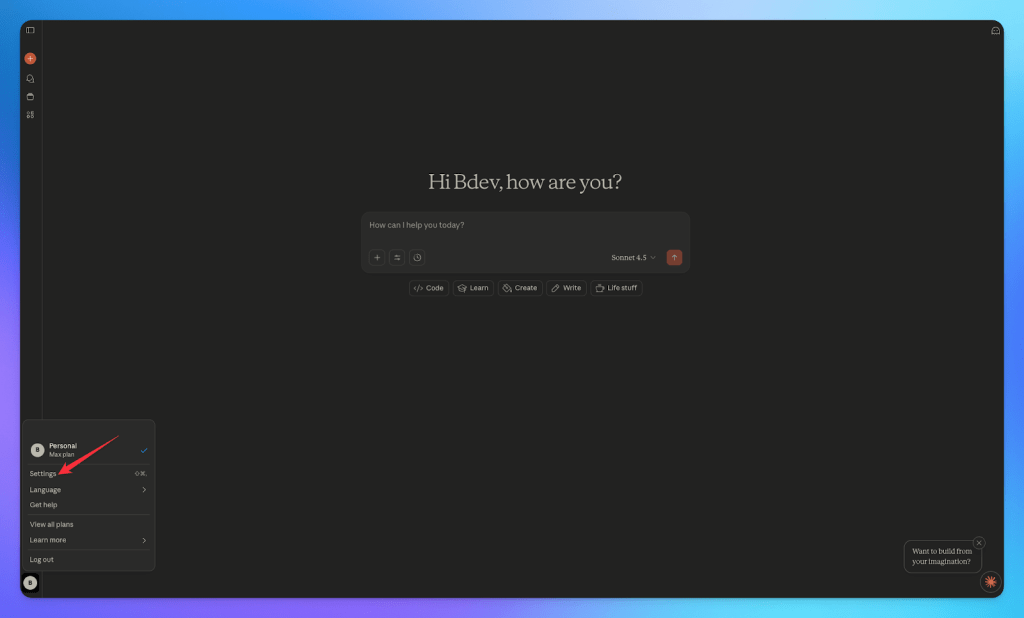 Screenshot of the Claude interface showing a chat with the greeting 'Hi Bdev, how are you?' and options for coding, learning, creating, and writing. The sidebar includes personal plan details and settings.