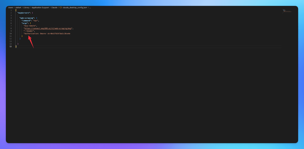 Code snippet showing configuration settings for connecting Claude to MCP360, including server URL and authorization details.