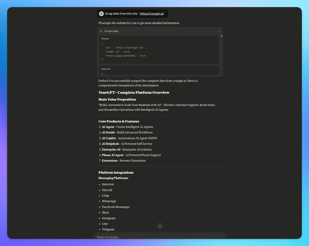 Screenshot of an AI platform overview displaying features like AI Agent creation, workflow building, and integrations with messaging platforms.