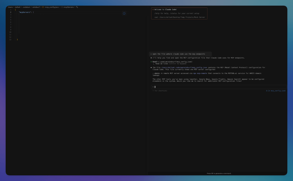 A terminal interface showing the configuration setup for Claude Code with instructions on connecting to MCP servers.