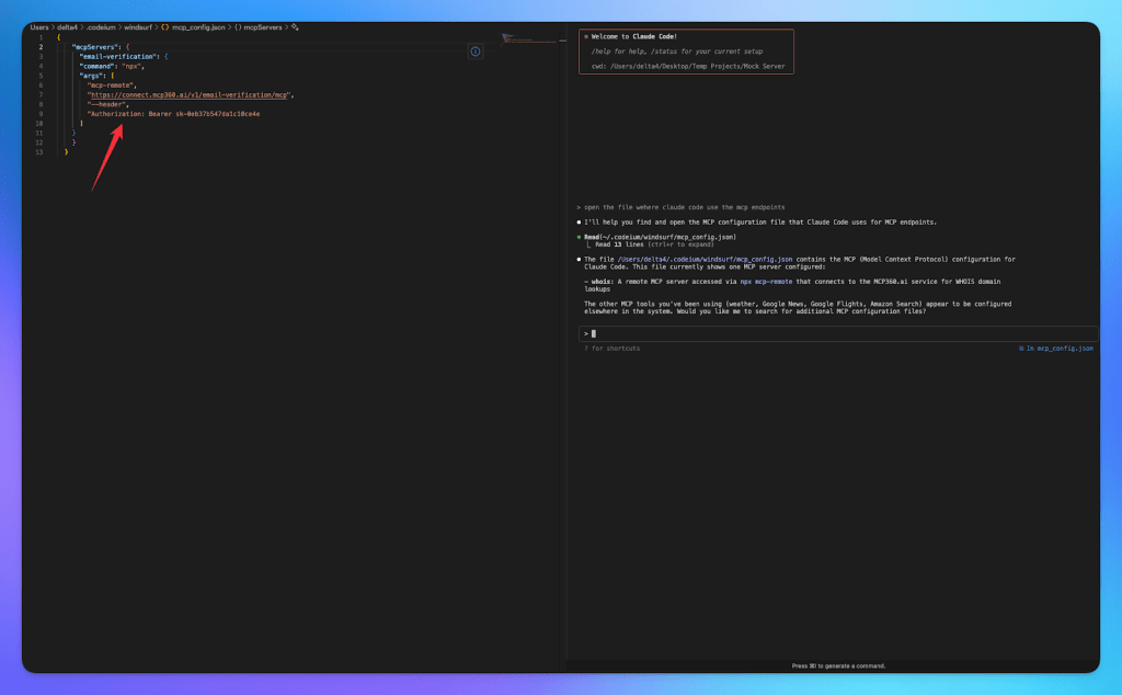 Screenshot of a code editor displaying a JSON configuration for connecting Claude to MCP endpoints.