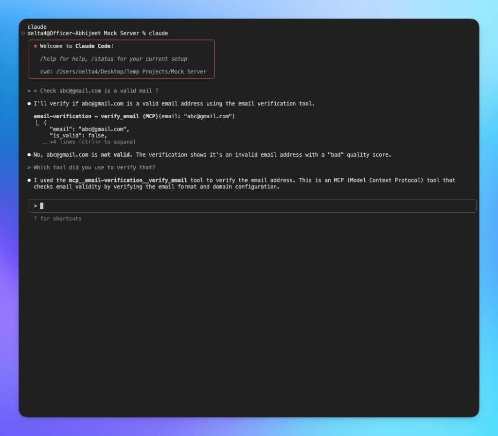 Screenshot of Claude Code interface showing email verification process. The software indicates that 'abc@gmail.com' is not a valid email address, detailing the verification tool used for this check.