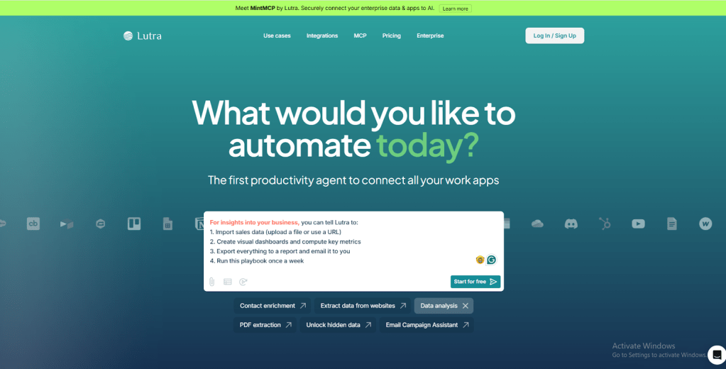 Screenshot of the Lutra AI homepage, showcasing features for automating business insights, including options like data import, visualization, and reporting.