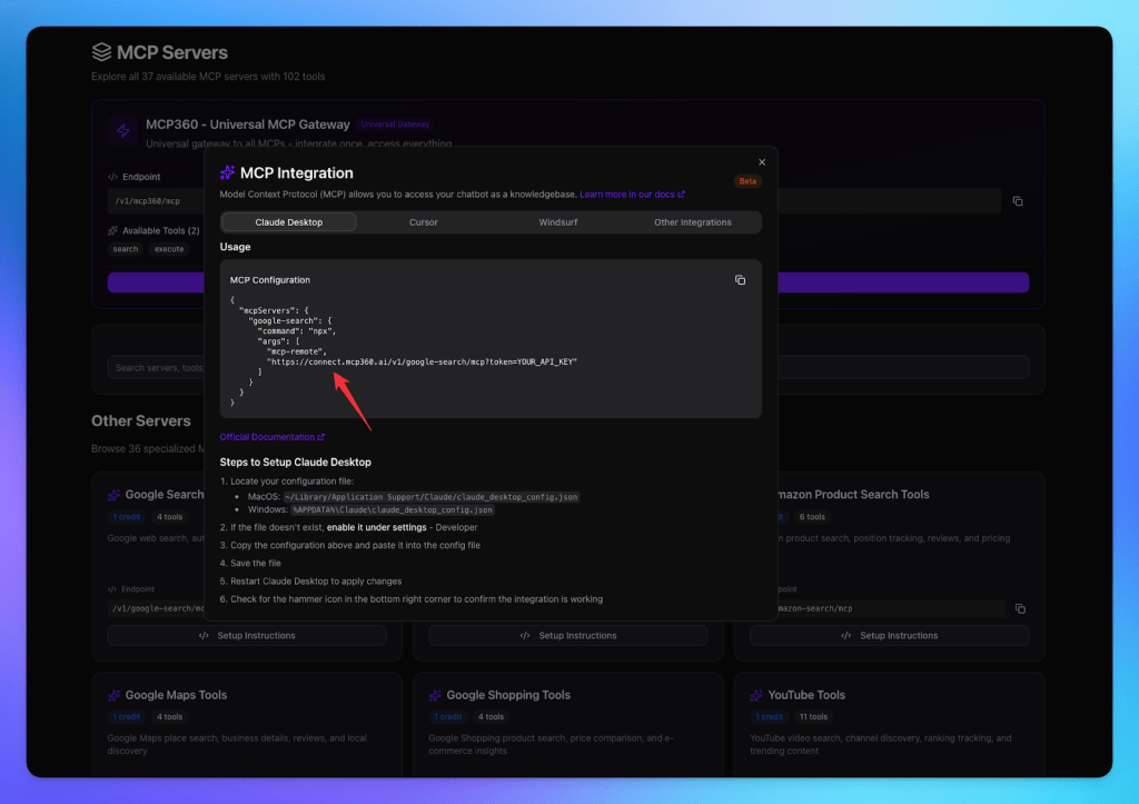 Screenshot of the MCP360 integration settings, showing configuration details for connecting to the Universal MCP Gateway and available tools.