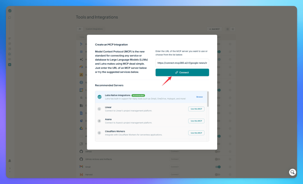 Screenshot of the Lutra AI interface showing the process to create an MCP integration, with a field to enter the MCP server URL and a 'Connect' button highlighted.