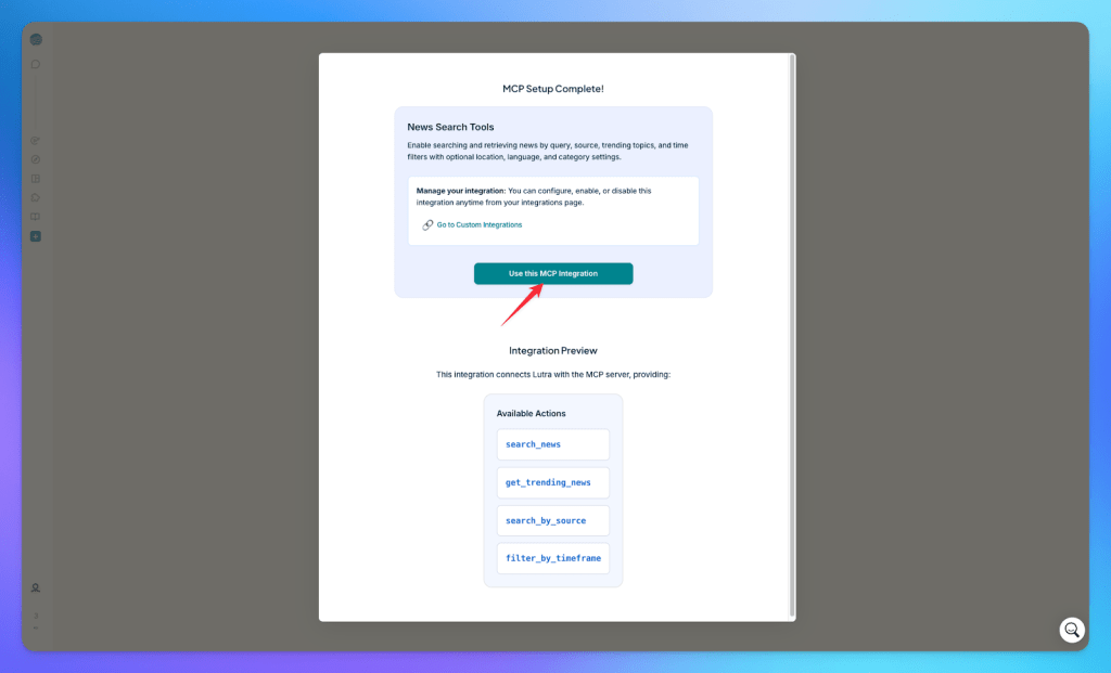 A screenshot of the MCP360 integration setup page, featuring options to manage integration for news search tools and a preview of available actions such as search_news and get_trending_news.