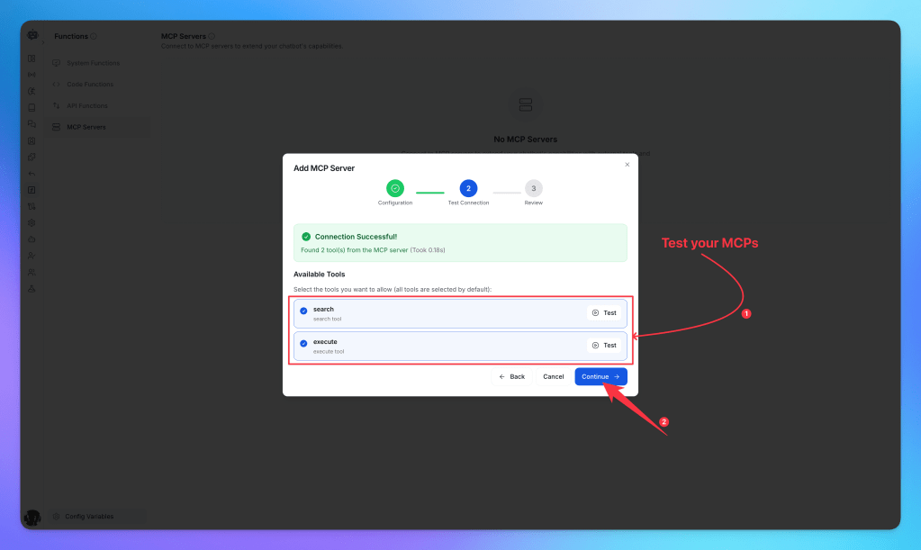 Interface displaying successful connection to MCP servers, with options to test available tools labeled 'search' and 'execute'.