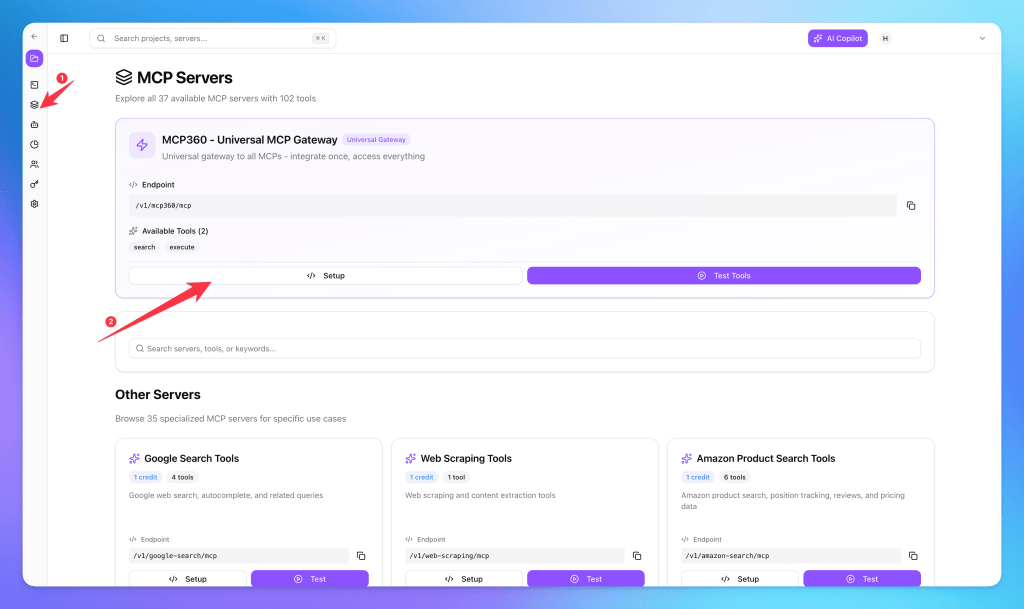 Dashboard interface of MCP360 showing the Universal MCP Gateway with options to set up and test tools