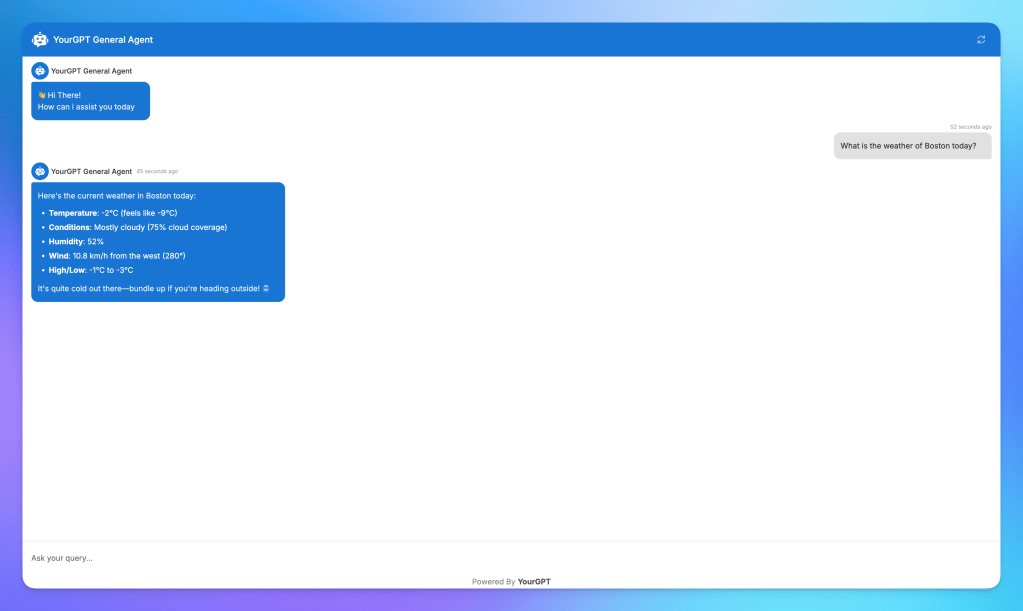Screenshot of the YourGPT chat interface showing a conversation about the current weather in Boston, including temperature, conditions, humidity, wind, and high/low temperatures.