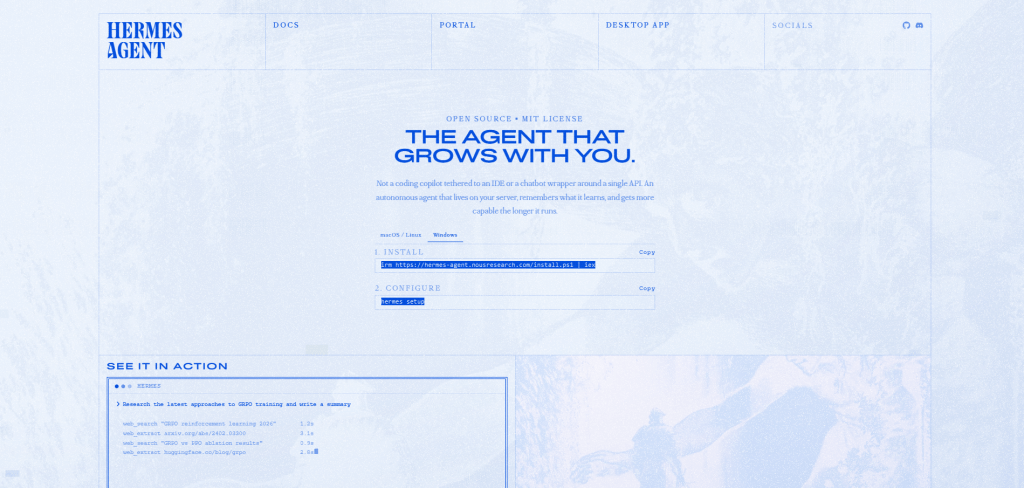 Hermes AI agent website dashboard