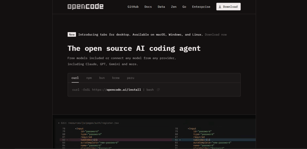 Web page of OpenCode